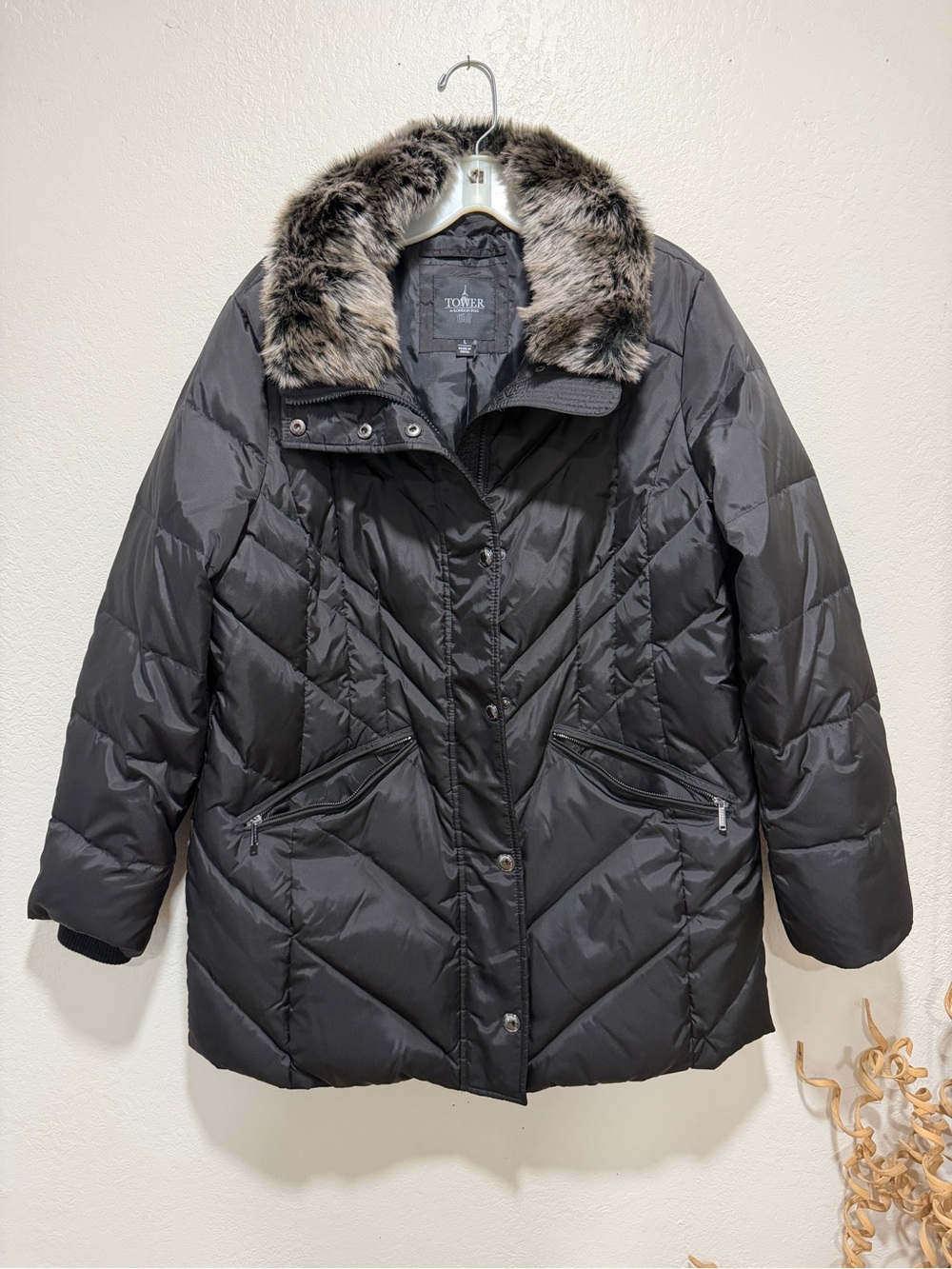 London Fog Black Quilted Puffer Coat with Faux Fur Trim